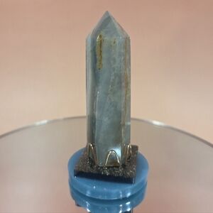 Beautiful Natural Blue Onyx Gemstone Obelisk On Handmade Resin/ Bronze Display